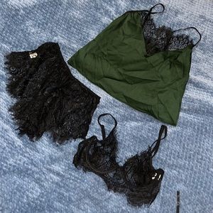 Bra sleep short Cami set black lace forest green soft silky S M